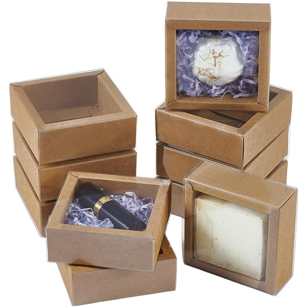 Kraft Paper Box - 16個 クラフト紙引き出しボックス 3.2x3.3x1.3インチ 正方形 自家製石鹸ボックス 空白タグ付き