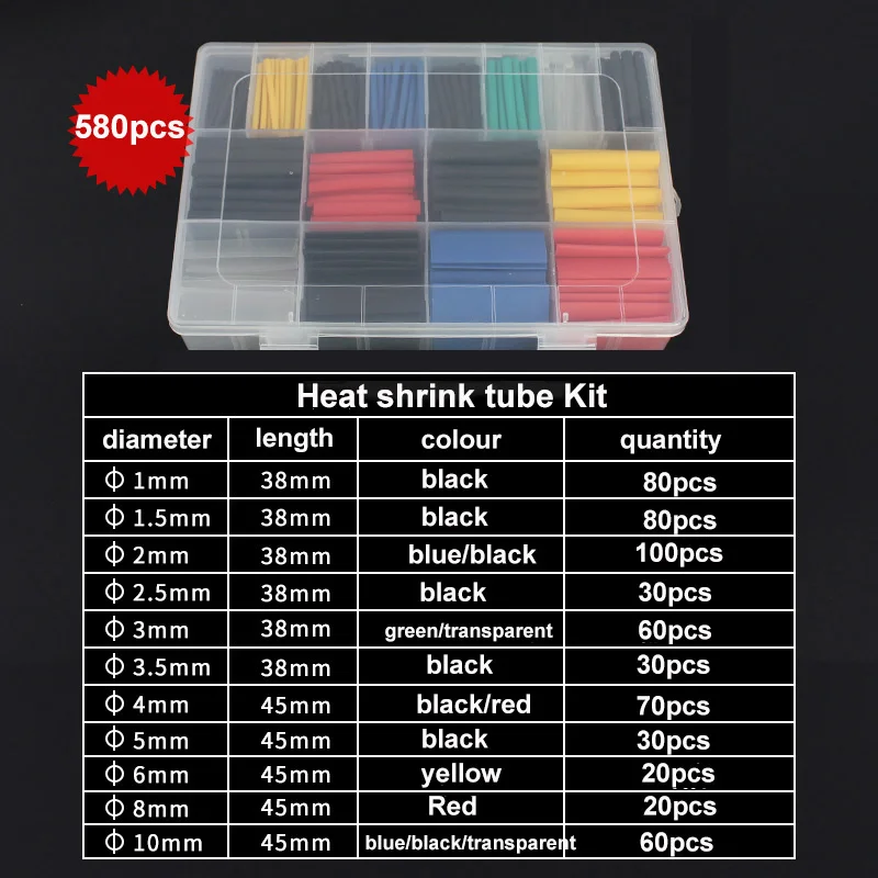 Shrink Sleeve Pvc - 防水熱収縮チューブ,各種キット,断熱材,電気ワイヤーケーブル,2:1, 580個セット