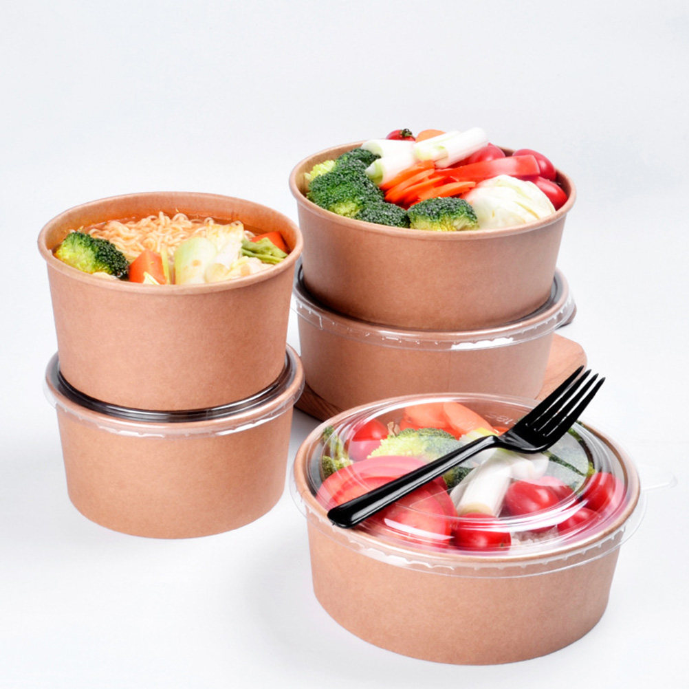 Kraft Paper Box - 20個入りクラフト紙ボウル、漏れ防止使い捨てサラダボウル、食品容器、食事準備用丸型持ち帰りボックス、パーティー用ギフト、16オンス